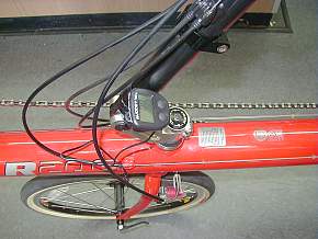 Cycling computer mounted onto a recumbent bike.