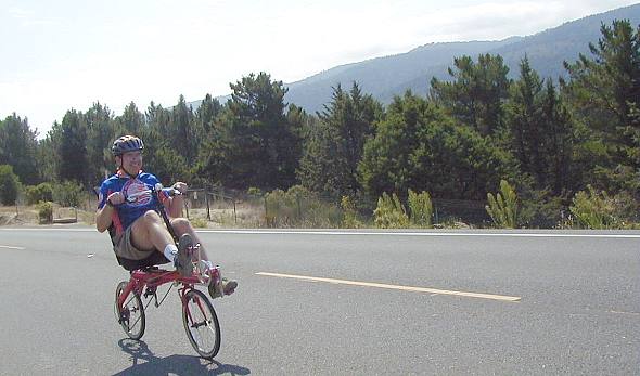 Mike trying a recumbent bike for the first time.