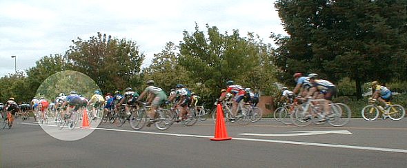 Rider highlighted for avoiding a cone in a race.