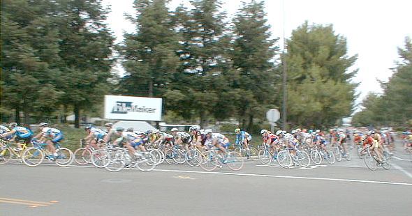 Pack of cyclist in a criterium race.